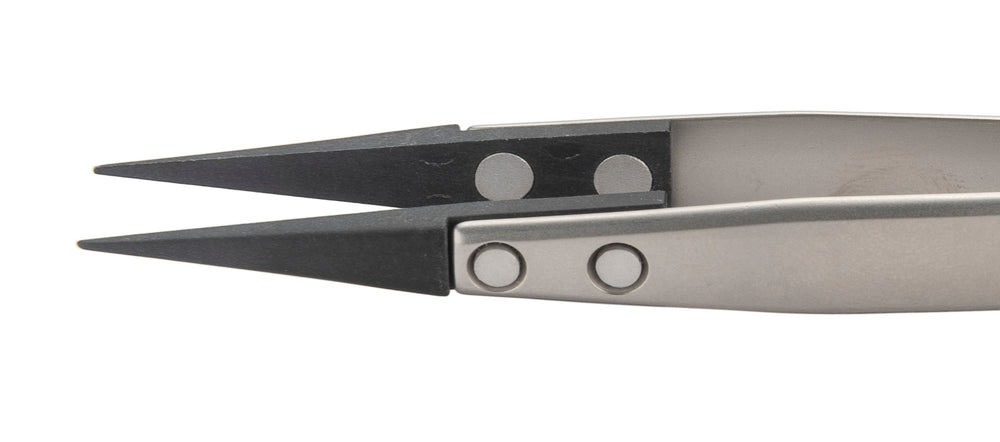 Close up of pointed carbon tweezer tips