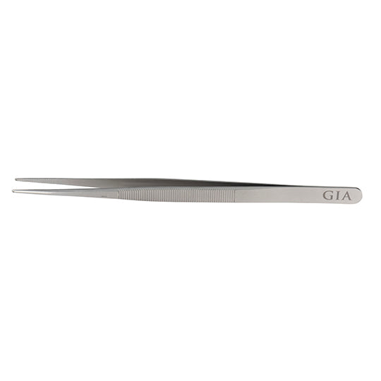 GIA tweezers with .6 mm hole, with GIA logo at base, rounded tips, and serrated handles