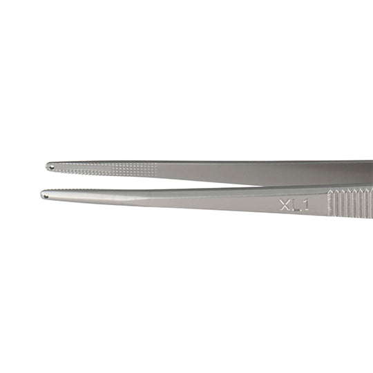 Close up on tips of GIA tweezers, showing rough texture, .8 mm hole, and groove on inside of tips