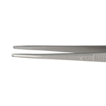 Close up on tips of GIA tweezers, showing rough texture, .8 mm hole, and groove on inside of tips