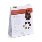 Birthstone Flipchart standing up, opened to page displaying garnet gemstones and garnet facts