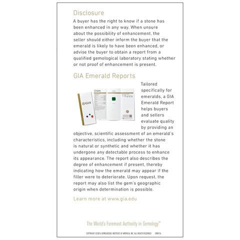 Emerald brochure panel with sections "Disclosure" and "GIA Emerald Reports"