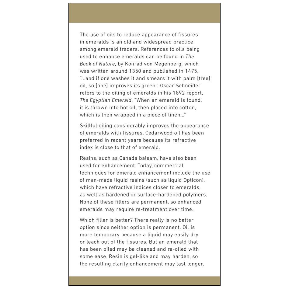 Emerald brochure panel with text about emerald fillers