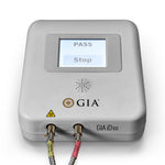Close up view of the iD100 device screen displaying "PASS"