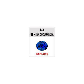 Large square GIA Gem Encyclopedia web button with grey text around heading and sapphire