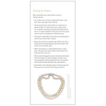 7 Pearl Value Factors panel, featuring heading"Caring for Pearls", bullet points, and pearl necklace